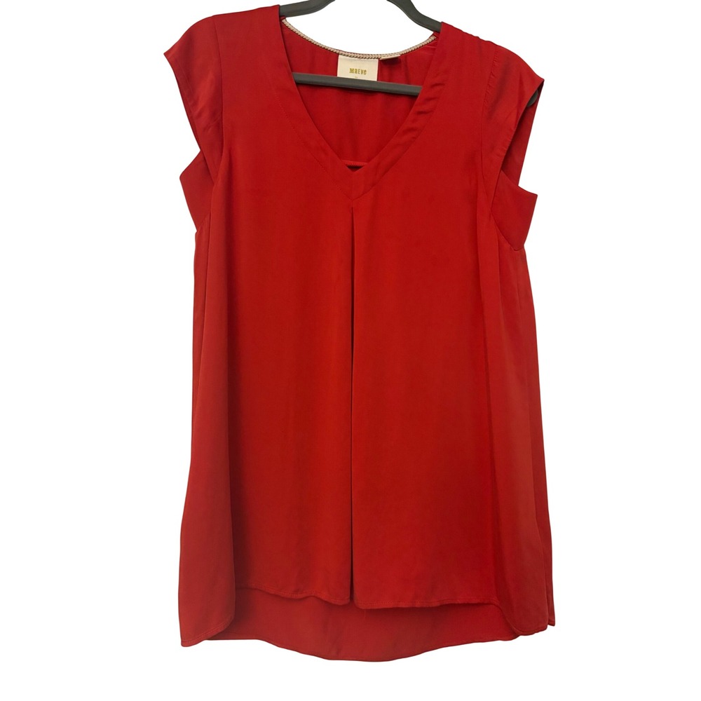 Maeve Anthropologie Red V-Neck Pleated Sleeveless Blouse Cutout Back XS